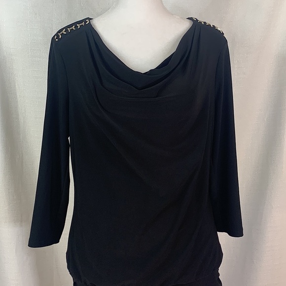 WHBM Black Long Sleeved Mini Dress w/ Gold Shoulder Detail - Picture 3 of 17